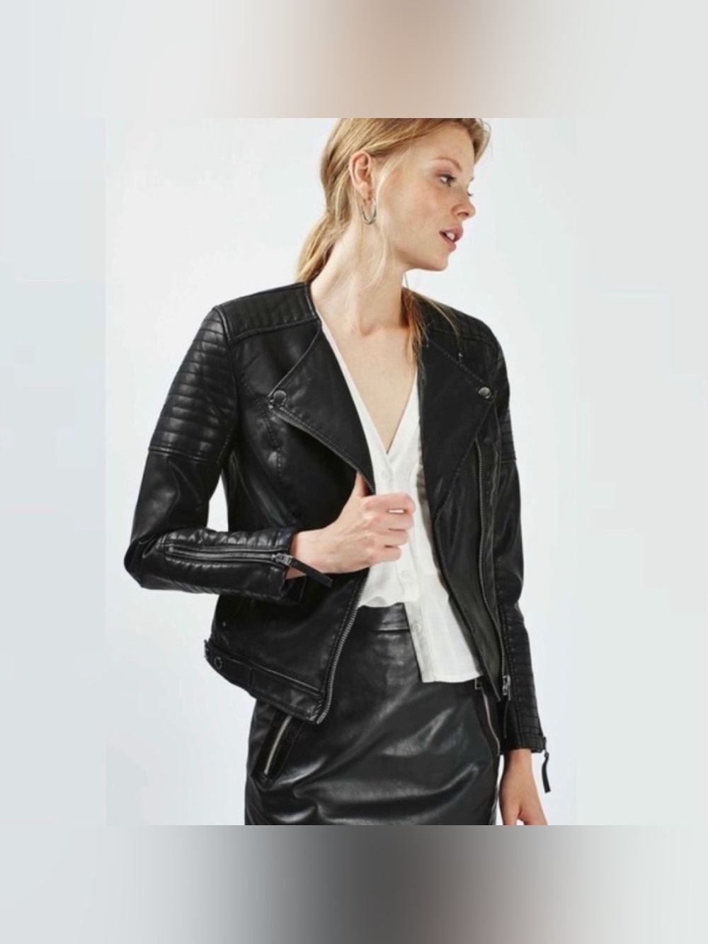 Topshop Women’s Black Faux Leather Moto Jacket - Classic Biker Style